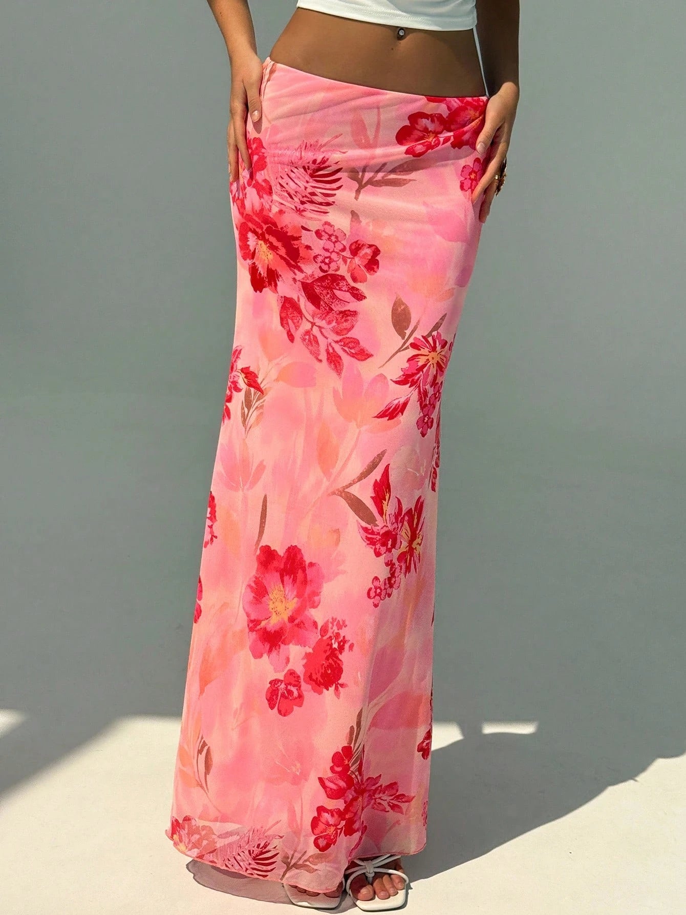 Aloruh Women's Elegant Sexy Floral Print Low Waist Skirt, Summer Clothing, Beachwear, Vacation Wear, Bohemian Tropical Pattern Pink Floral, Casual, Party