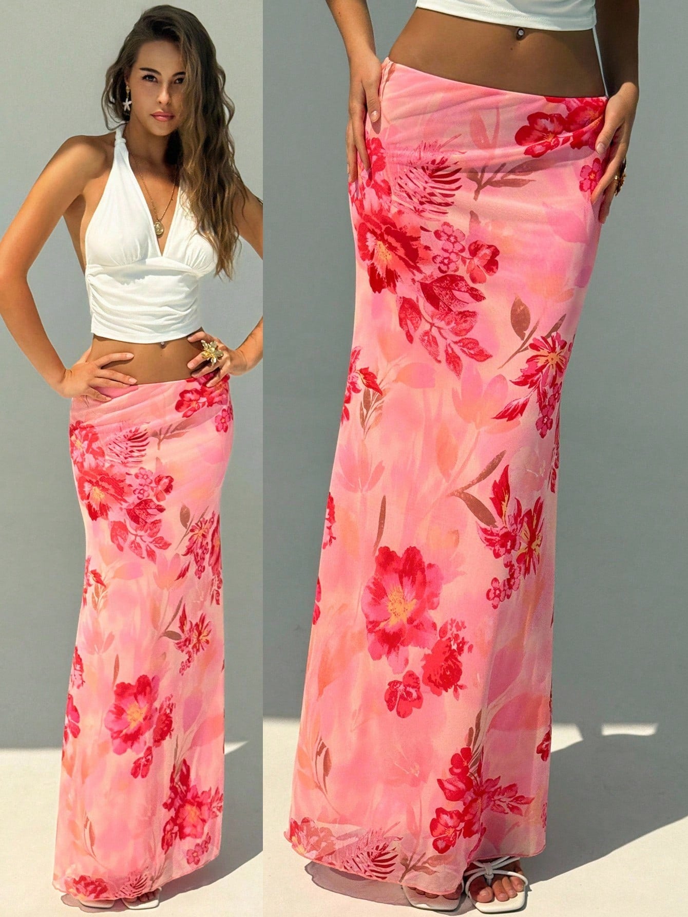 Aloruh Women's Elegant Sexy Floral Print Low Waist Skirt, Summer Clothing, Beachwear, Vacation Wear, Bohemian Tropical Pattern Pink Floral, Casual, Party