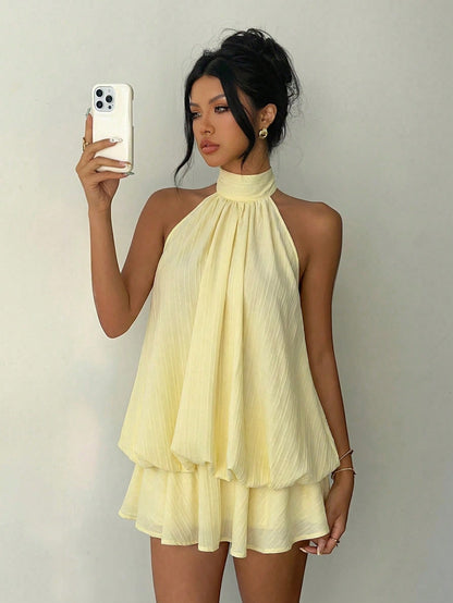 Aloruh Women's Elegant Sexy Pale Yellow Halter Neck Tie Mini Dress,Summer Dresses For Women,Wedding Going Out Vacation Guest