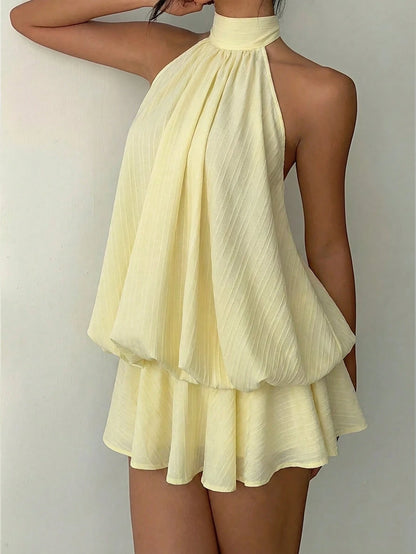 Aloruh Women's Elegant Sexy Pale Yellow Halter Neck Tie Mini Dress,Summer Dresses For Women,Wedding Going Out Vacation Guest
