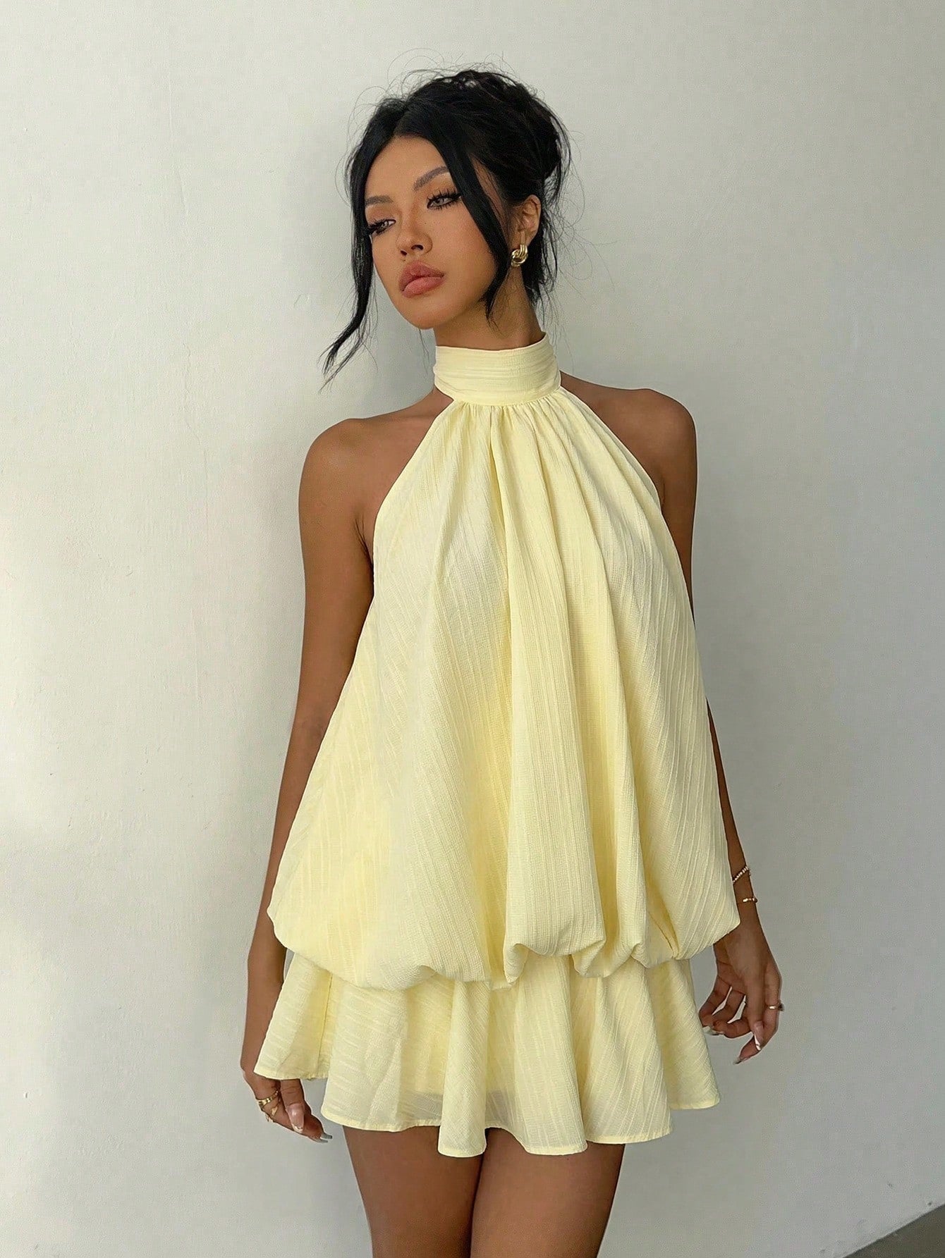 Aloruh Women's Elegant Sexy Pale Yellow Halter Neck Tie Mini Dress,Summer Dresses For Women,Wedding Going Out Vacation Guest