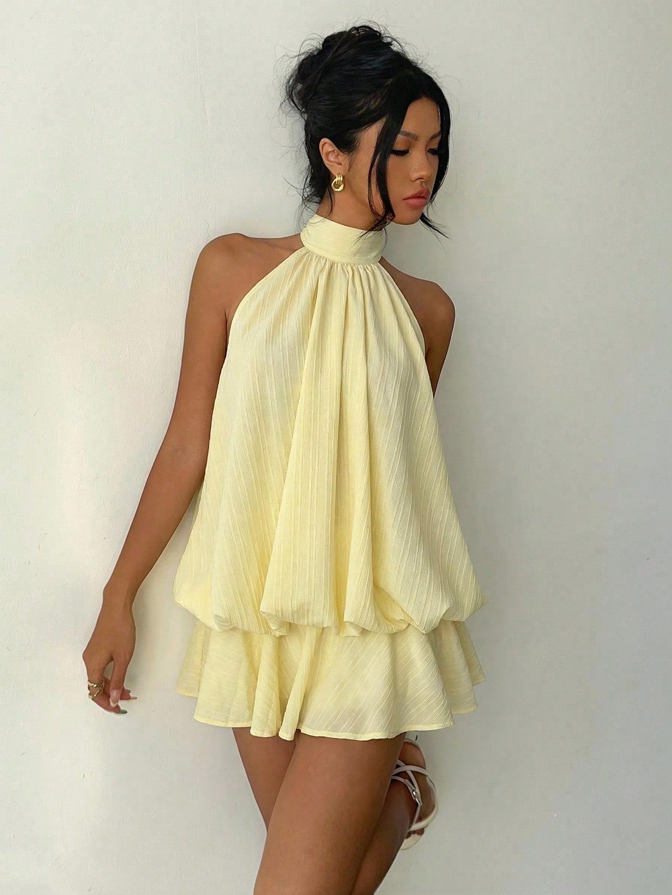 Aloruh Women's Elegant Sexy Pale Yellow Halter Neck Tie Mini Dress,Summer Dresses For Women,Wedding Going Out Vacation Guest