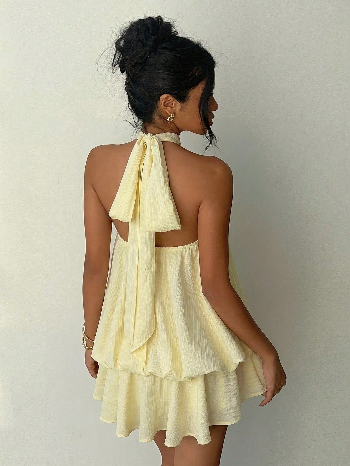 Aloruh Women's Elegant Sexy Pale Yellow Halter Neck Tie Mini Dress,Summer Dresses For Women,Wedding Going Out Vacation Guest