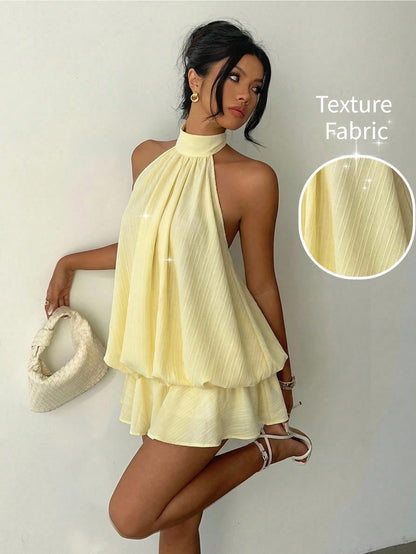 Aloruh Women's Elegant Sexy Pale Yellow Halter Neck Tie Mini Dress,Summer Dresses For Women,Wedding Going Out Vacation Guest