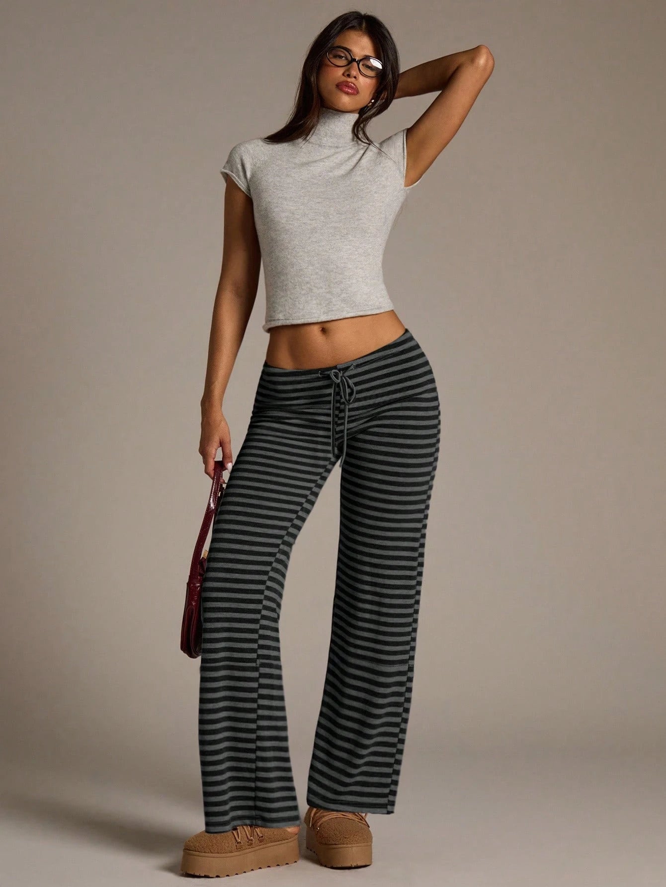 Aloruh Women's New Autumn/Winter Ultra Low Waist Black Striped Long Pants