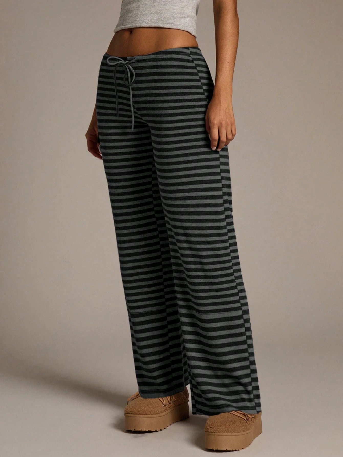 Aloruh Women's New Autumn/Winter Ultra Low Waist Black Striped Long Pants