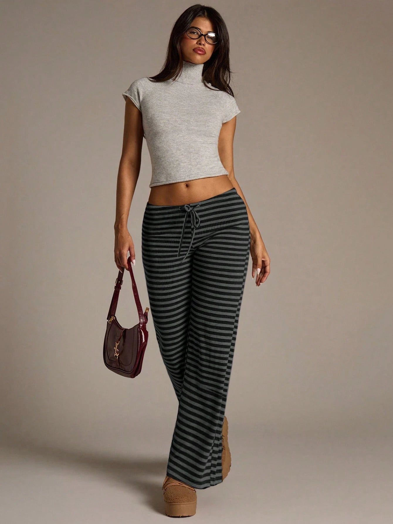 Aloruh Women's New Autumn/Winter Ultra Low Waist Black Striped Long Pants