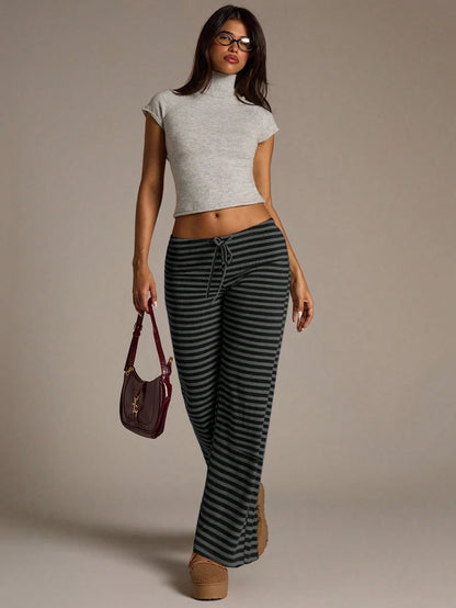 Aloruh Women's New Autumn/Winter Ultra Low Waist Black Striped Long Pants