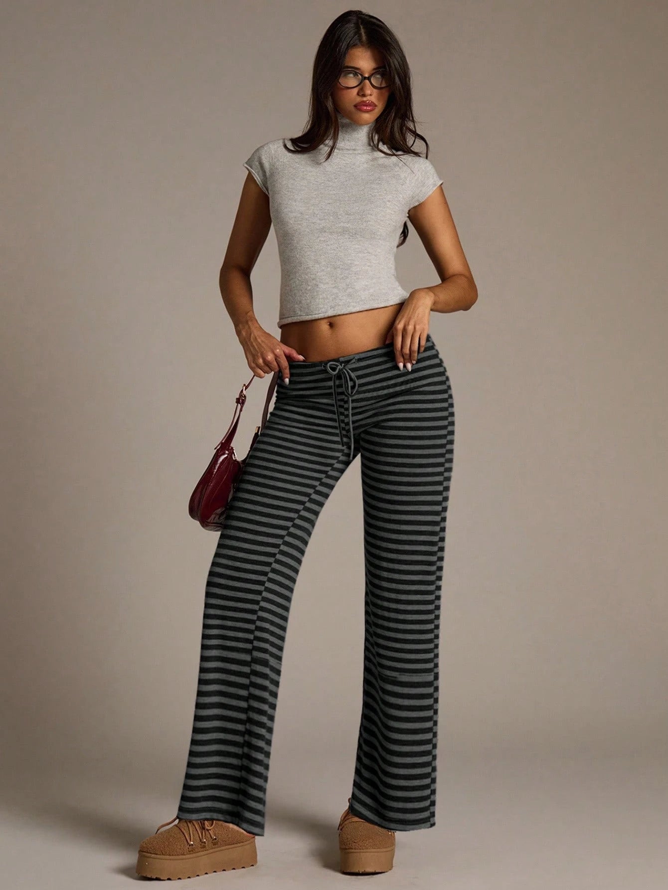 Aloruh Women's New Autumn/Winter Ultra Low Waist Black Striped Long Pants