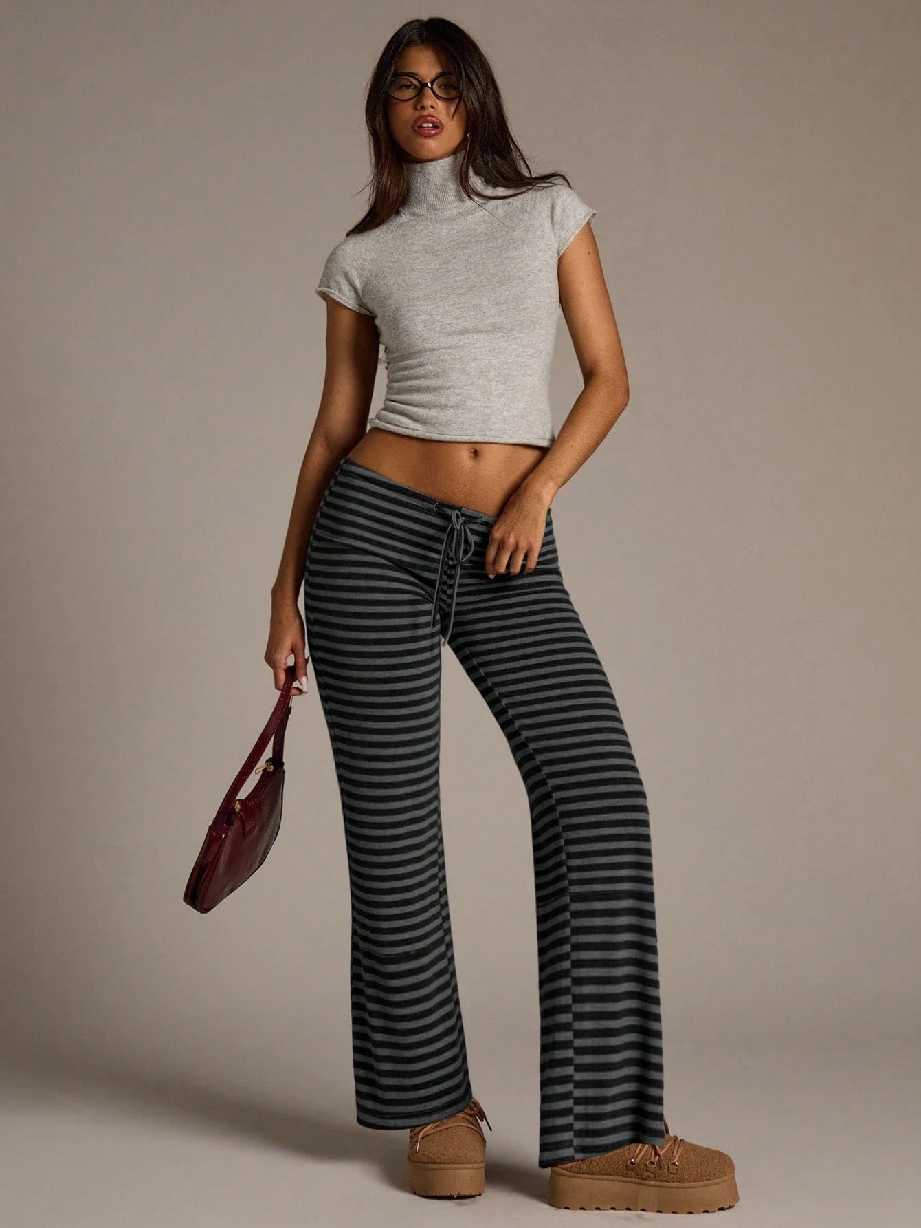 Aloruh Women's New Autumn/Winter Ultra Low Waist Black Striped Long Pants