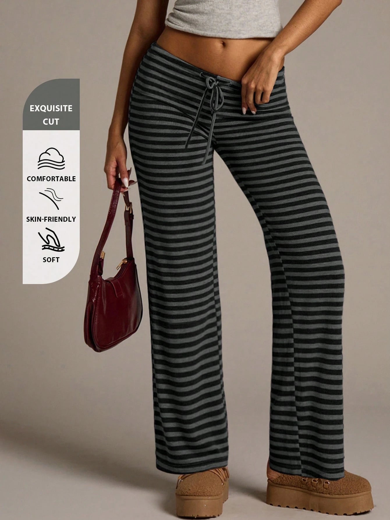 Aloruh Women's New Autumn/Winter Ultra Low Waist Black Striped Long Pants