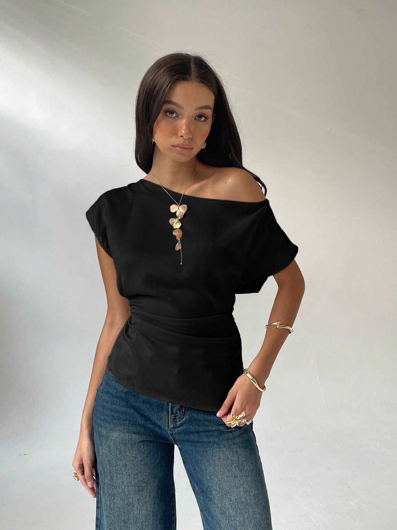 Aloruh Women's Solid Color Oblique Shoulder Blouse, Fashionable For Summer