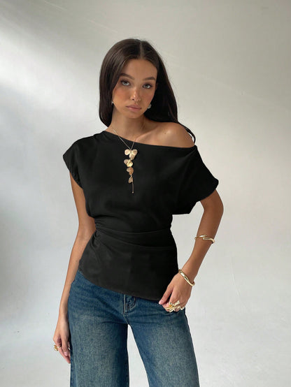 Aloruh Women's Solid Color Oblique Shoulder Blouse, Fashionable For Summer