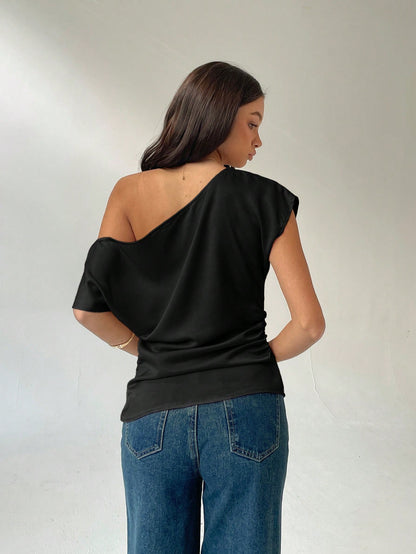 Aloruh Women's Solid Color Oblique Shoulder Blouse, Fashionable For Summer