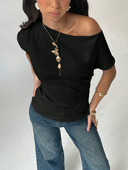 Aloruh Women's Solid Color Oblique Shoulder Blouse, Fashionable For Summer