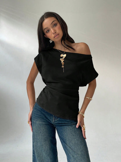 Aloruh Women's Solid Color Oblique Shoulder Blouse, Fashionable For Summer