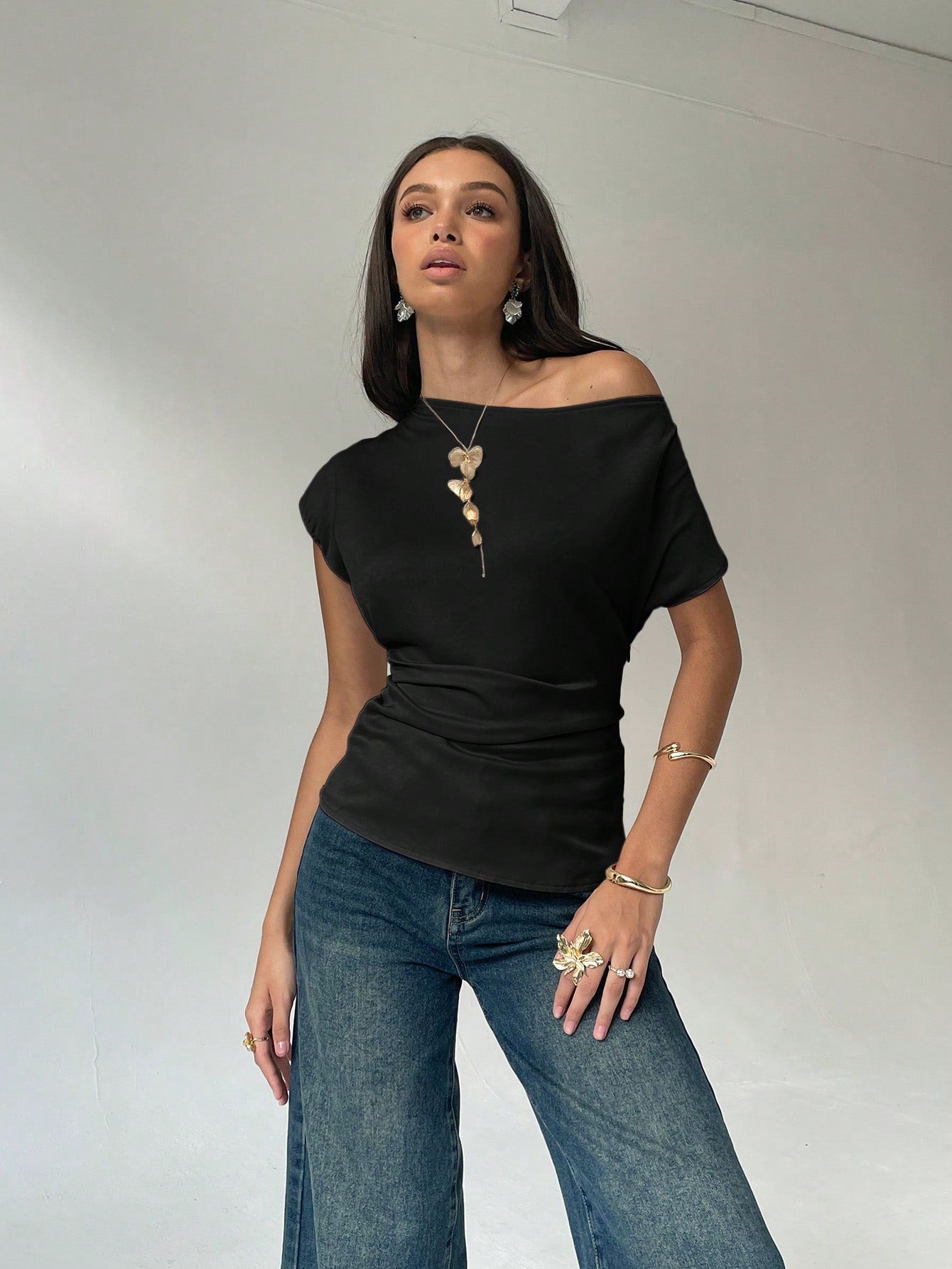 Aloruh Women's Solid Color Oblique Shoulder Blouse, Fashionable For Summer
