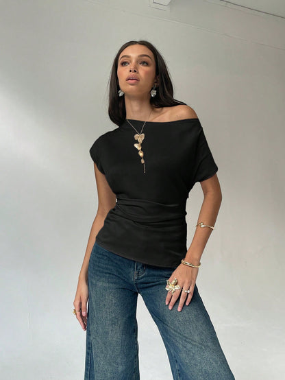 Aloruh Women's Solid Color Oblique Shoulder Blouse, Fashionable For Summer