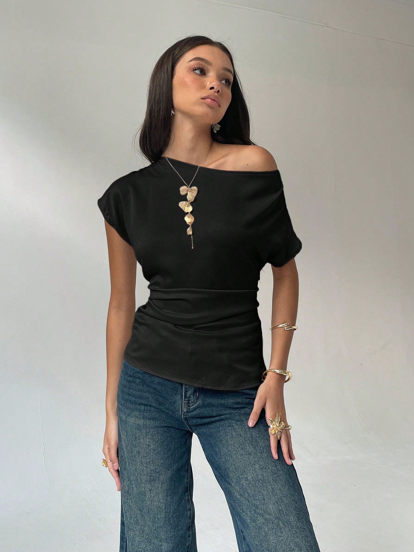 Aloruh Women's Solid Color Oblique Shoulder Blouse, Fashionable For Summer