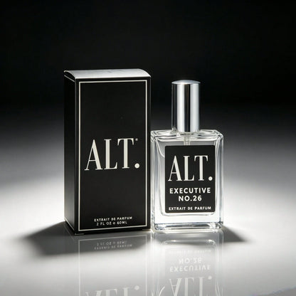 ALT. FRAGRANCES Long Lasting Executive No.26 Men's Extrait De Parfum, ALT Noble Woody Spicy Scent, Clear Square Bottle, Silver Cap, Black Minimalist Gift Box, 60ml, For Business Professionals