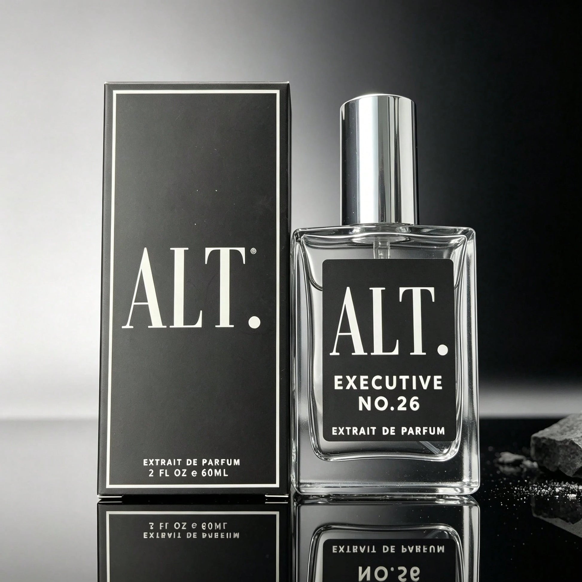 ALT. FRAGRANCES Long Lasting Executive No.26 Men's Extrait De Parfum, ALT Noble Woody Spicy Scent, Clear Square Bottle, Silver Cap, Black Minimalist Gift Box, 60ml, For Business Professionals