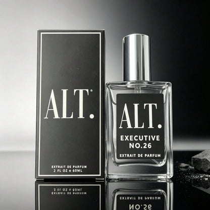 ALT. FRAGRANCES Long Lasting Executive No.26 Men's Extrait De Parfum, ALT Noble Woody Spicy Scent, Clear Square Bottle, Silver Cap, Black Minimalist Gift Box, 60ml, For Business Professionals