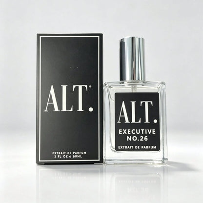 ALT. FRAGRANCES Long Lasting Executive No.26 Men's Extrait De Parfum, ALT Noble Woody Spicy Scent, Clear Square Bottle, Silver Cap, Black Minimalist Gift Box, 60ml, For Business Professionals
