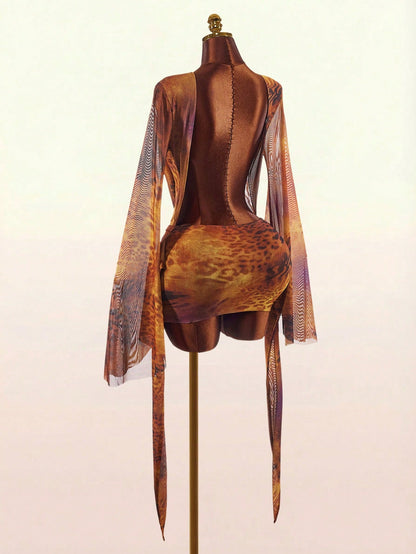 Amplova Romantic Sexy Vacation Earth Tone Low Cut Draped Neckline Flare Sleeve Bodycon Mini Dress Club Party Brown Autumn
