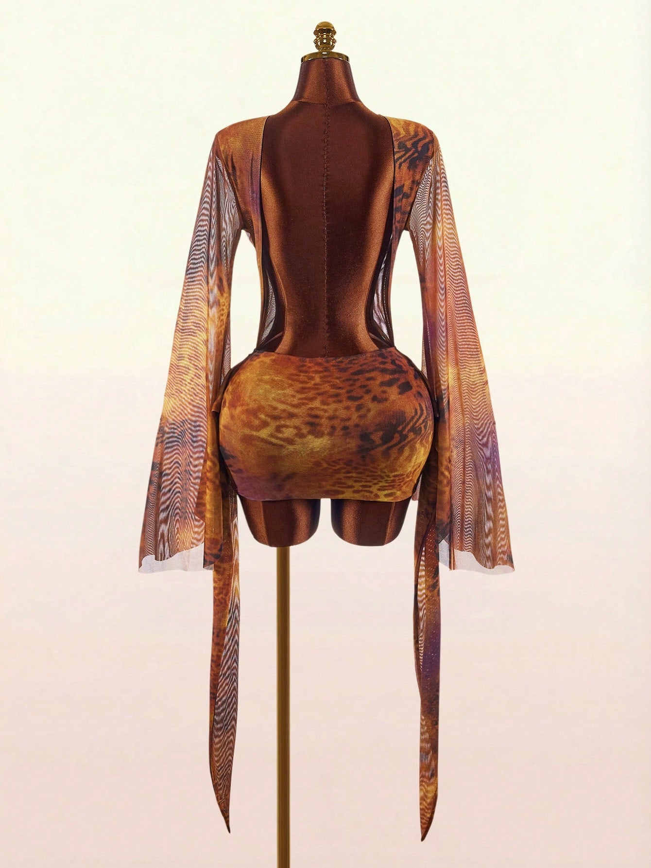 Amplova Romantic Sexy Vacation Earth Tone Low Cut Draped Neckline Flare Sleeve Bodycon Mini Dress Club Party Brown Autumn