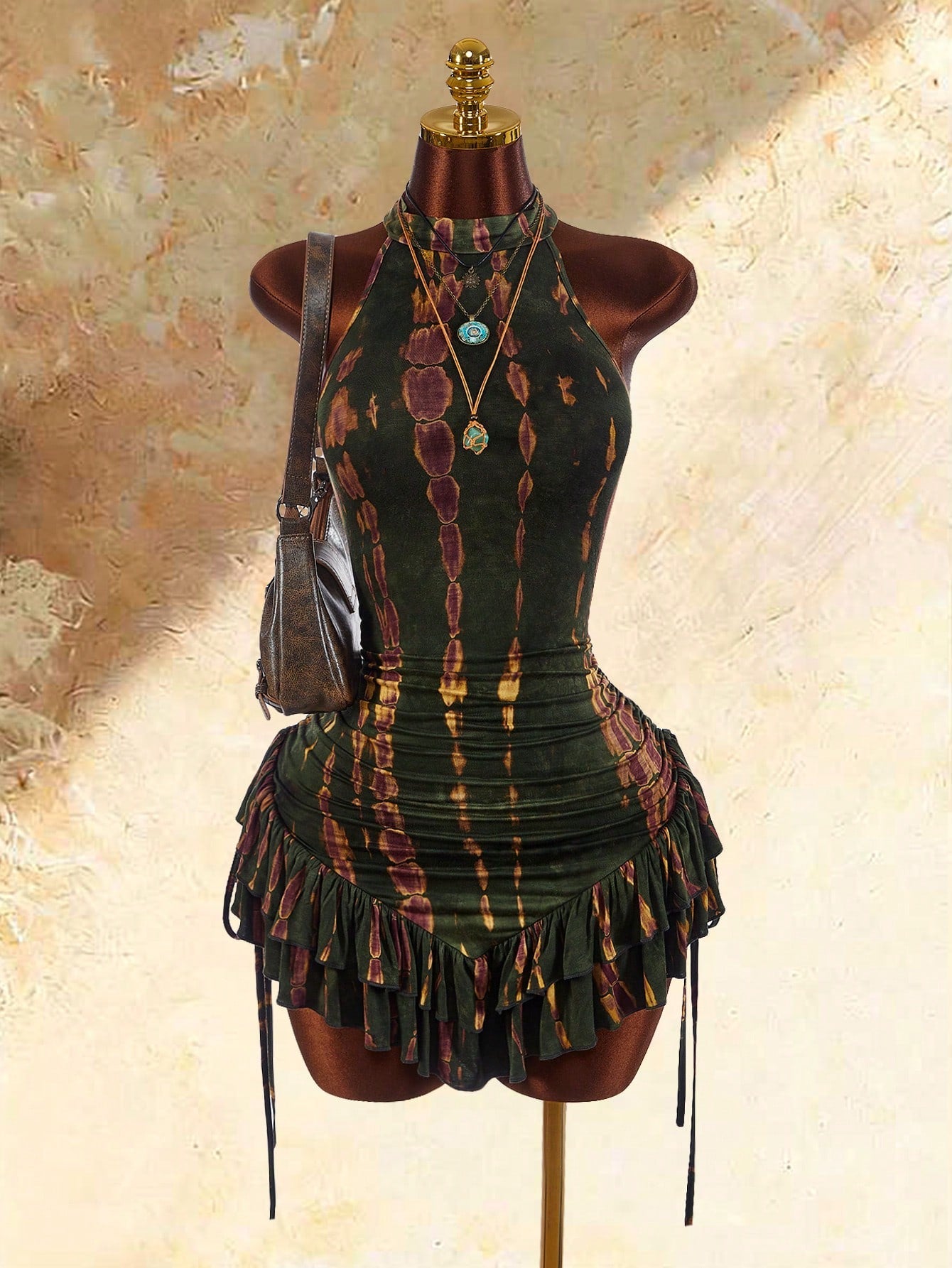 Amplova Ruffled Asymmetric Hem Waist Cinched Mini Dress