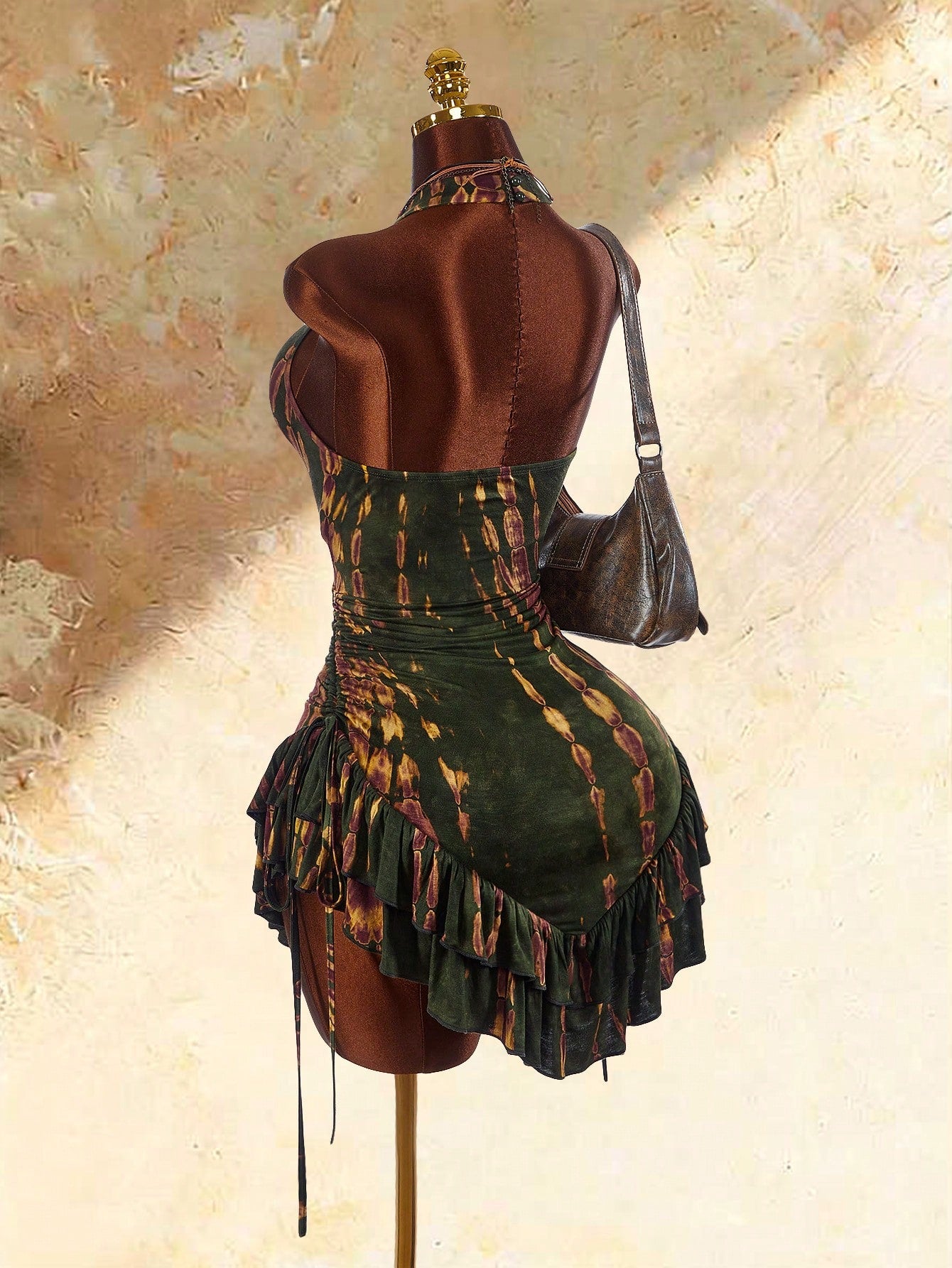 Amplova Ruffled Asymmetric Hem Waist Cinched Mini Dress