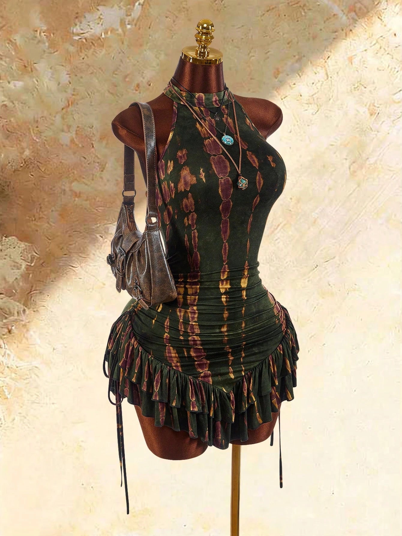 Amplova Ruffled Asymmetric Hem Waist Cinched Mini Dress