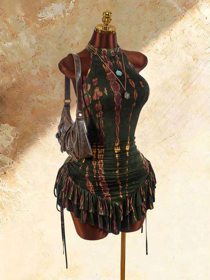 Amplova Ruffled Asymmetric Hem Waist Cinched Mini Dress