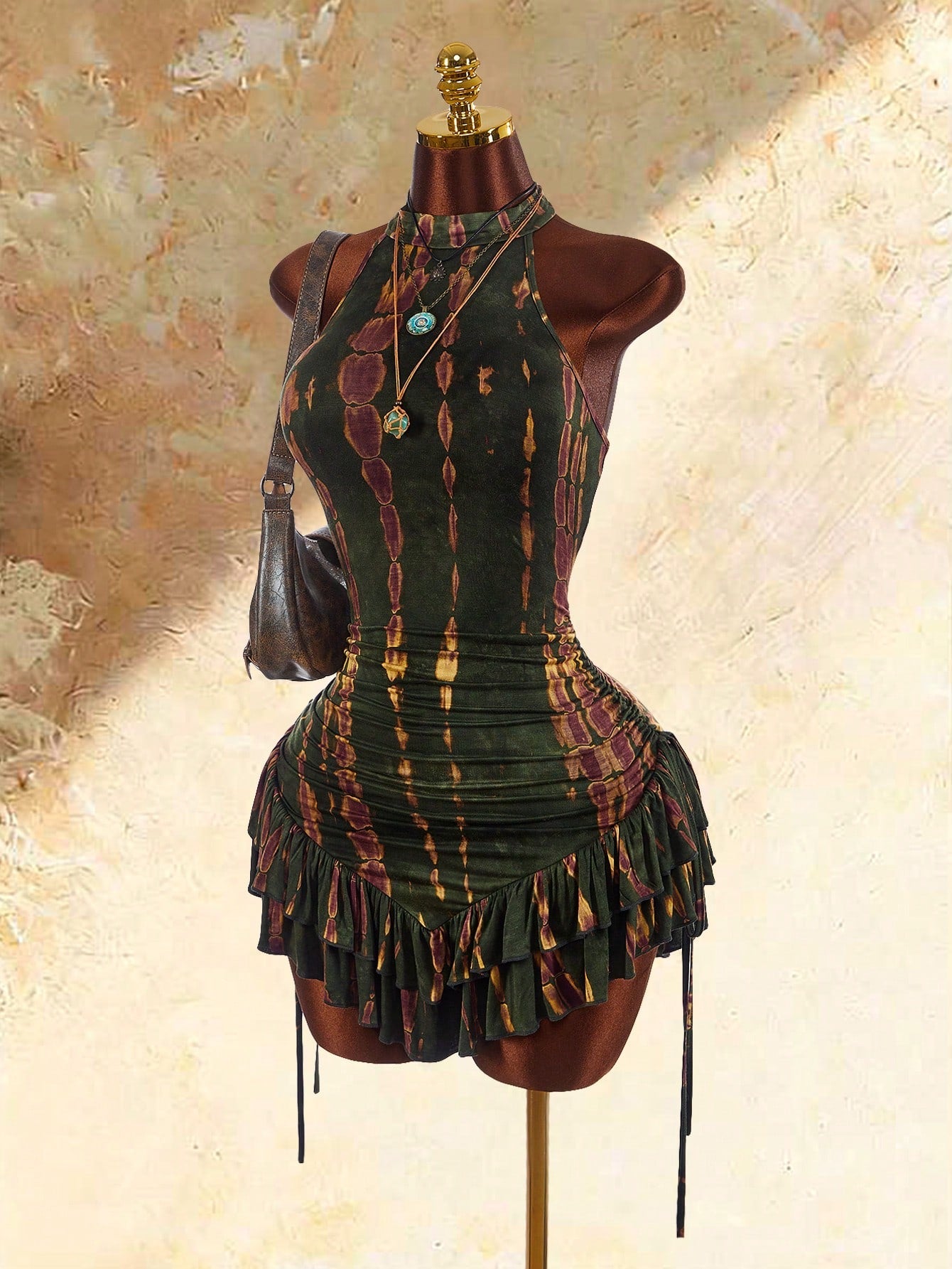 Amplova Ruffled Asymmetric Hem Waist Cinched Mini Dress