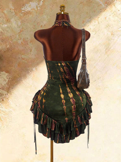 Amplova Ruffled Asymmetric Hem Waist Cinched Mini Dress