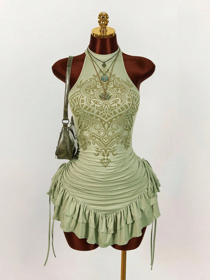 Amplova Ruffled Asymmetric Hem Waist Cinched Mini Dress