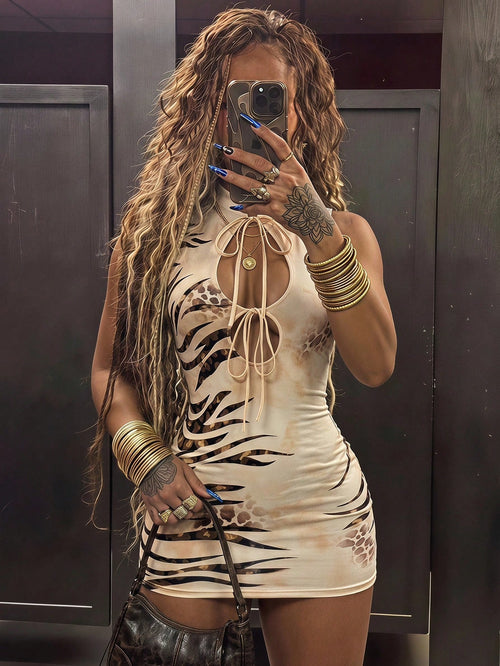 Amplova Women's Wild Tiger Print Waist-Cinching Cut-Out Backless Mini Dress