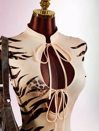 Amplova Women's Wild Tiger Print Waist-Cinching Cut-Out Backless Mini Dress