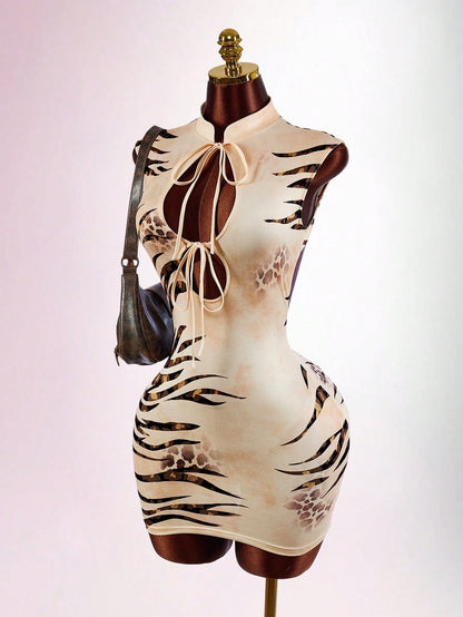 Amplova Women's Wild Tiger Print Waist-Cinching Cut-Out Backless Mini Dress