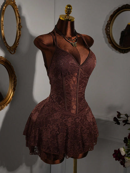 Amplova Y2K Brown Floral Lace Patchwork Bodycon Mini Dress,70s Vintage Sleeveless Heart-Shaped Bust Semi-Sheer Party,Summer Night Out Dresses