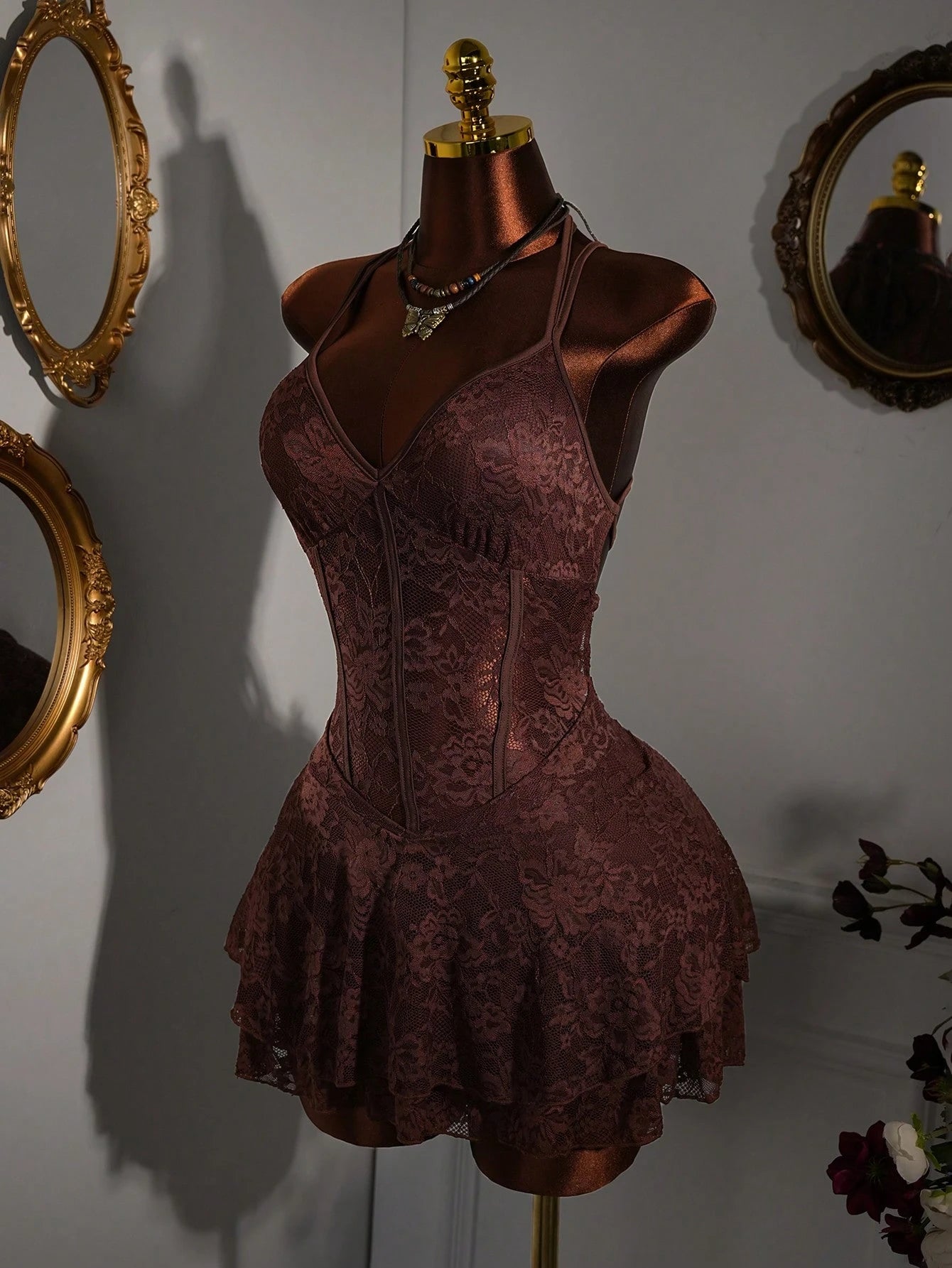 Amplova Y2K Brown Floral Lace Patchwork Bodycon Mini Dress,70s Vintage Sleeveless Heart-Shaped Bust Semi-Sheer Party,Summer Night Out Dresses
