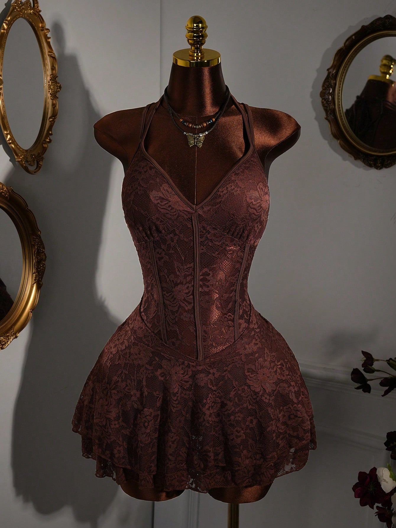Amplova Y2K Brown Floral Lace Patchwork Bodycon Mini Dress,70s Vintage Sleeveless Heart-Shaped Bust Semi-Sheer Party,Summer Night Out Dresses
