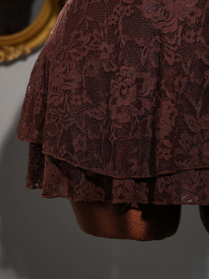 Amplova Y2K Brown Floral Lace Patchwork Bodycon Mini Dress,70s Vintage Sleeveless Heart-Shaped Bust Semi-Sheer Party,Summer Night Out Dresses