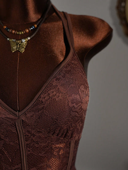 Amplova Y2K Brown Floral Lace Patchwork Bodycon Mini Dress,70s Vintage Sleeveless Heart-Shaped Bust Semi-Sheer Party,Summer Night Out Dresses