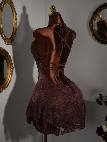 Amplova Y2K Brown Floral Lace Patchwork Bodycon Mini Dress,70s Vintage Sleeveless Heart-Shaped Bust Semi-Sheer Party,Summer Night Out Dresses