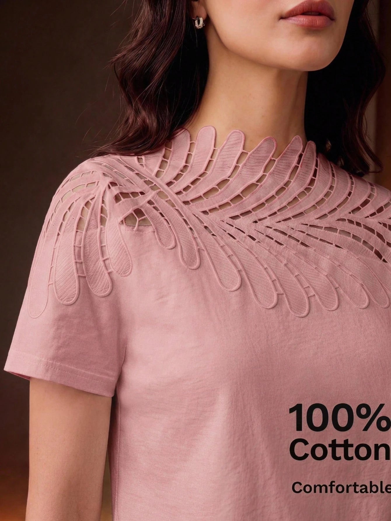 Anewsta Elegant Vacation Style Neckline Patchwork Leaf Lace White Short Sleeve T-Shirt For Women