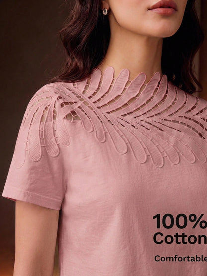 Anewsta Elegant Vacation Style Neckline Patchwork Leaf Lace White Short Sleeve T-Shirt For Women