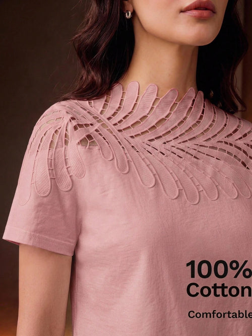 Anewsta Elegant Vacation Style Neckline Patchwork Leaf Lace White Short Sleeve T-Shirt For Women