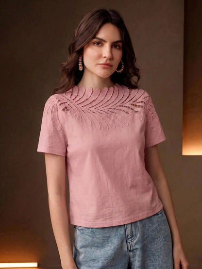 Anewsta Elegant Vacation Style Neckline Patchwork Leaf Lace White Short Sleeve T-Shirt For Women