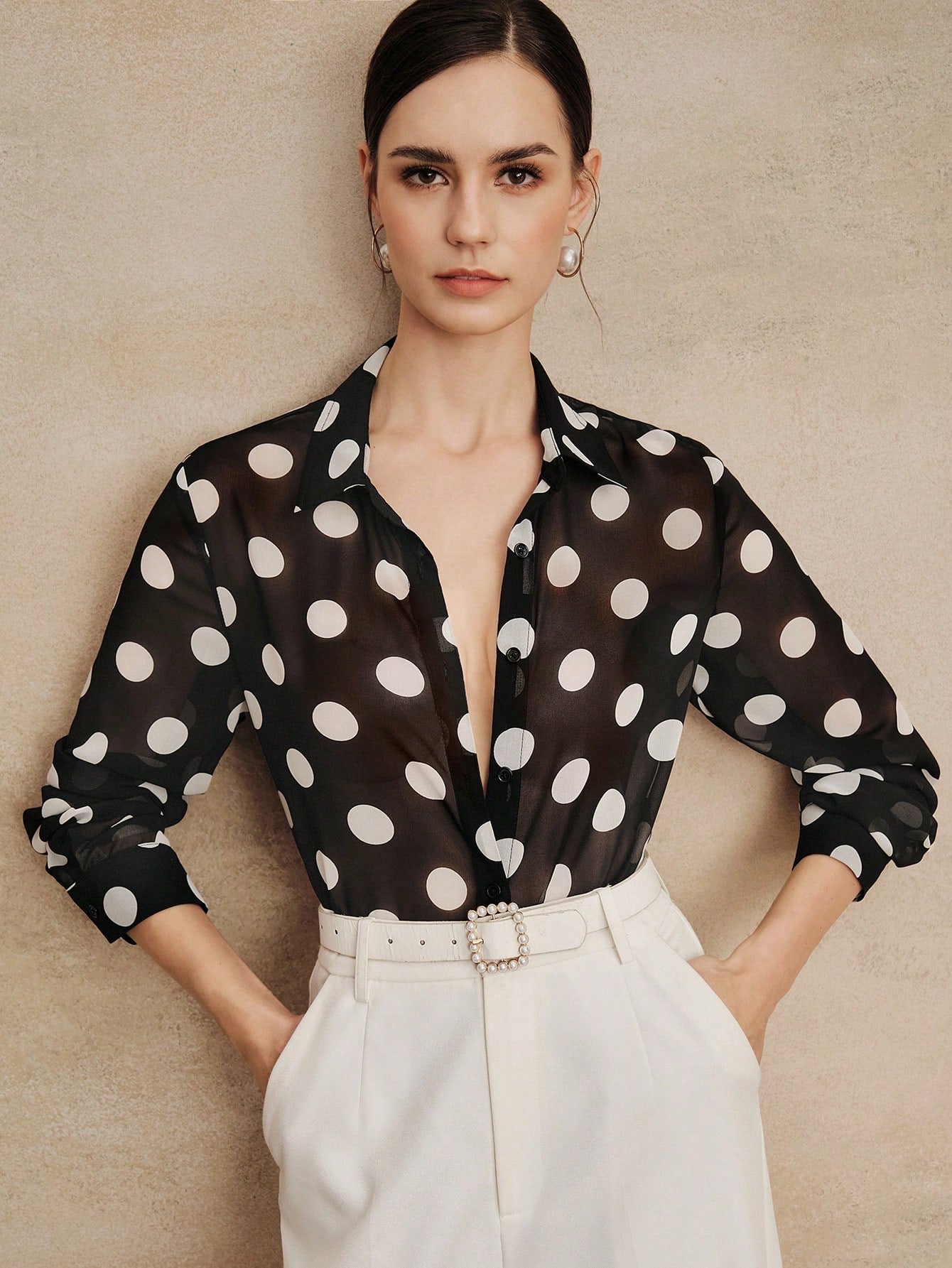 Anewsta Essential High Quality Fashionable French Retro Elegant Polka Dot Chiffon Long Sleeve Blouse, Versatile Shirt For Commuting, Vacation Outfits Women
